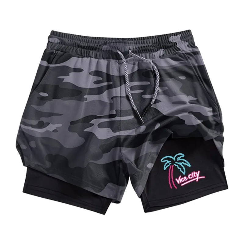 Men's Workout Harajuku Jogging Double Deck 2-in-1 Running Shorts Quick Dry Compression Fashion Lined Athletic with Phone Pockets