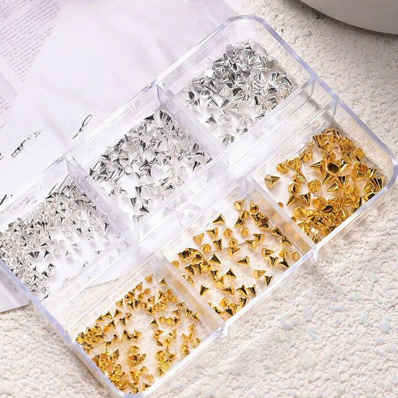 6-Grid Punk Style Nail Art Accessories Gold Silver Rivets Metal Sequins Mix Match DIY Special-Shaped Nail Patches Decorations