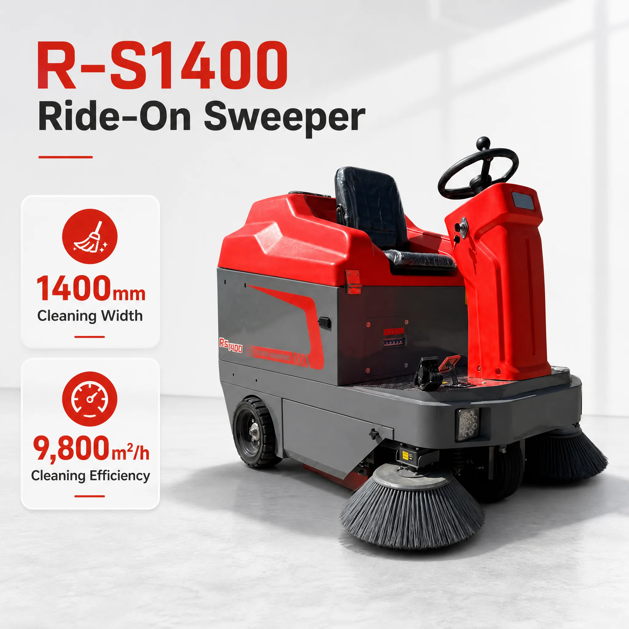 R-S1400 1400mm Industrial Ride on Floor Sweeper 48V Battery Powered Electric Road Street Sweeping Machine for Warehouse Factory