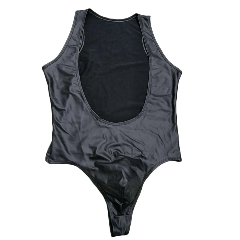 New Men'S Sexy PU Leather Wet Look A-Shirt Jumpsuit Lingerie Club Romper Leotard Gay Erotic Lingerie