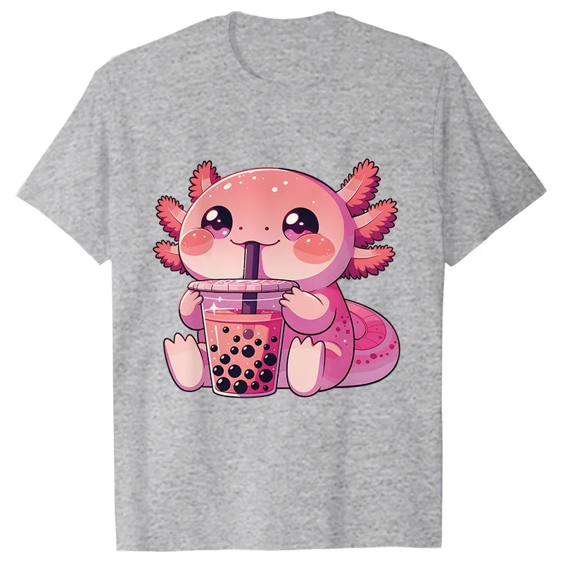 Summer Women Clothing Kawaii Bubble Tea Boba Axolotl Tees Casual Short Sleeved T-shirt Fashion Female Harajuku Graphic Y2k Tops