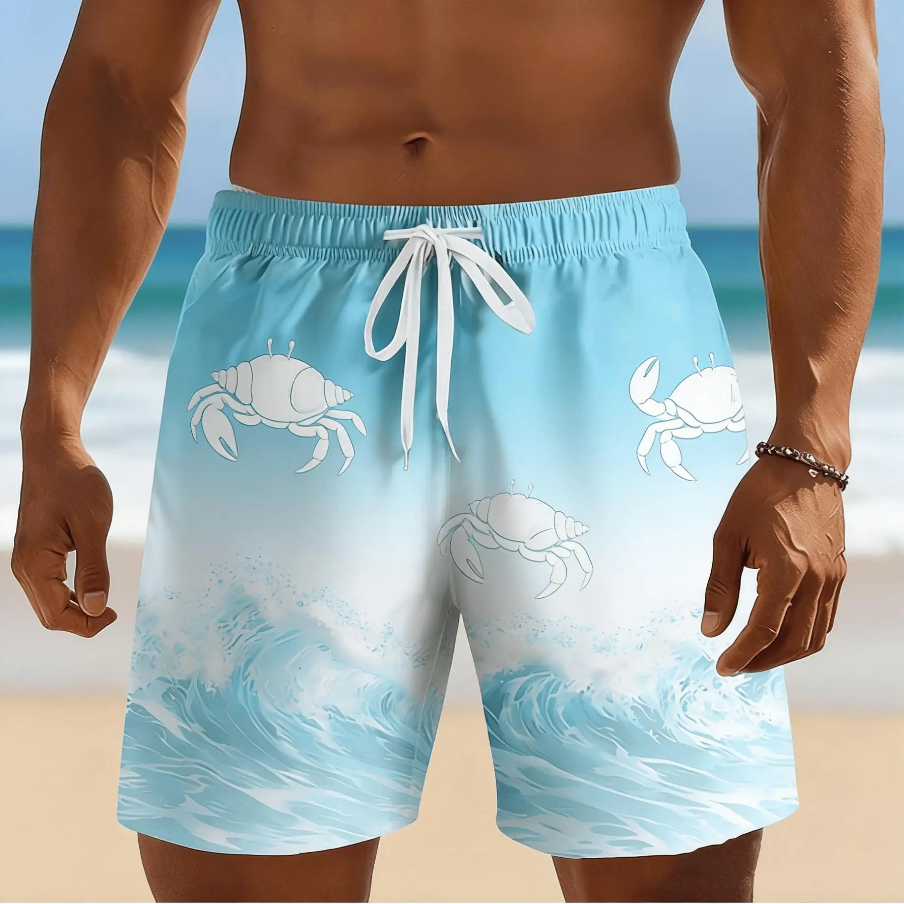 Men's Hawaiian Creative Ocean Style Print Men's Beach Shorts, Trendy Spring Summer Outdoor Vacation Swim Trunks