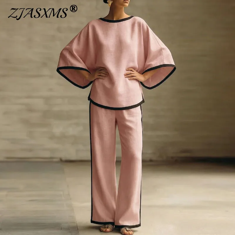 

Новый комплект весна-лето 2026: женский топ с круглым вырезом и рукавами «летучая мышь», свободные брюки с широкими штанинами, 2 предмета, контрастная отделка, костюм для отпуска