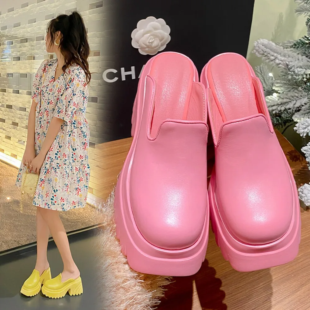 2024 New Genuine Leather Women Sandals Summer Fashion Outdoor Close Toed Casual Beach Slippers Thick Heel Slip On Women Sandals