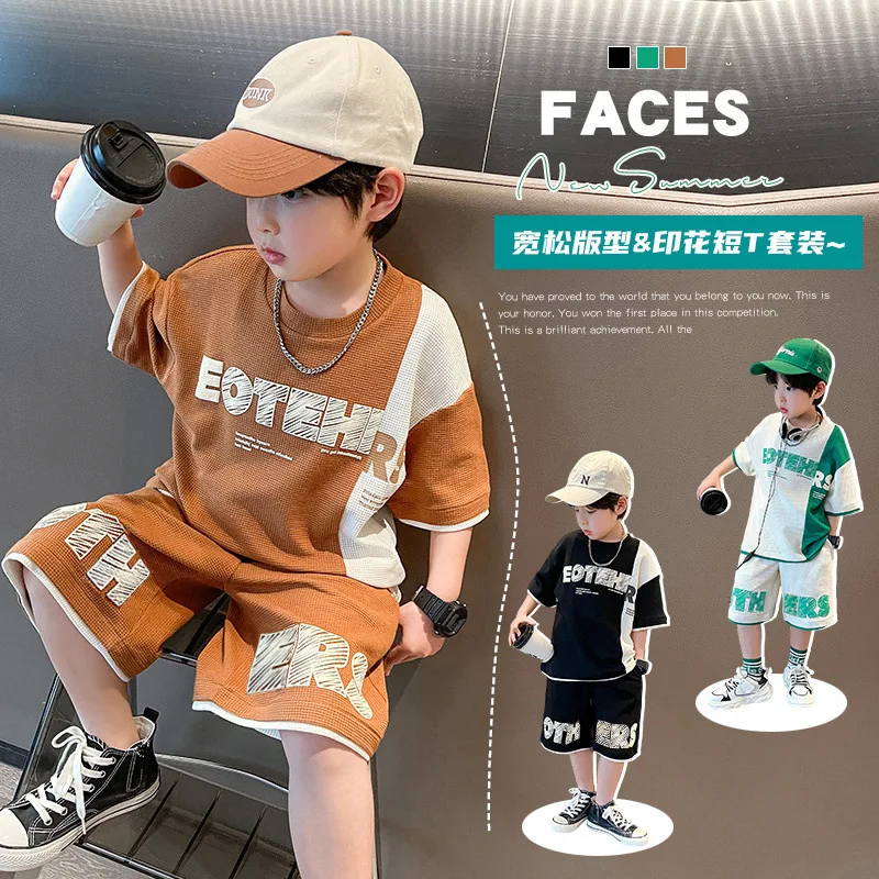 

Boys' summer short-sleeved set, 2025 new style children's summer stylish boys' round-neck T-shirt + casual shorts 2-piece set