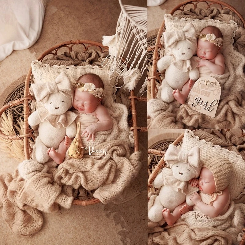 Adereços para fotografia de recém-nascidos, retrô, rattan, berço, roupa de malha, faixa floral, urso, boneca, decoração, acessórios para estúdio fotográfico