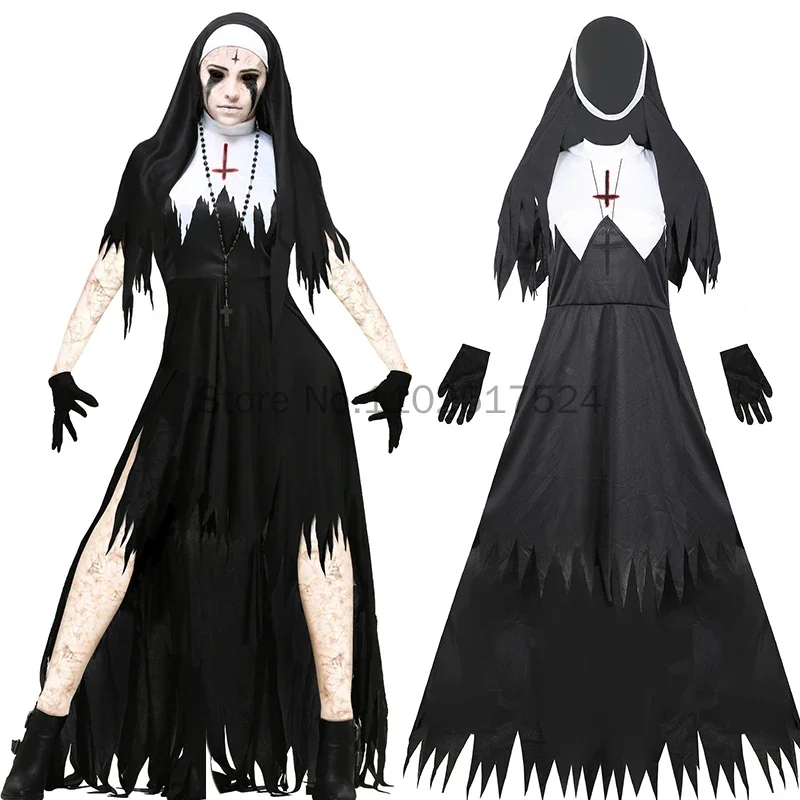 Halloween Nun Costume for Women 4-Pcs Mother Cosplay Dress Scary Nun Outfit Priest Dress Up Party Role Play Cosplay