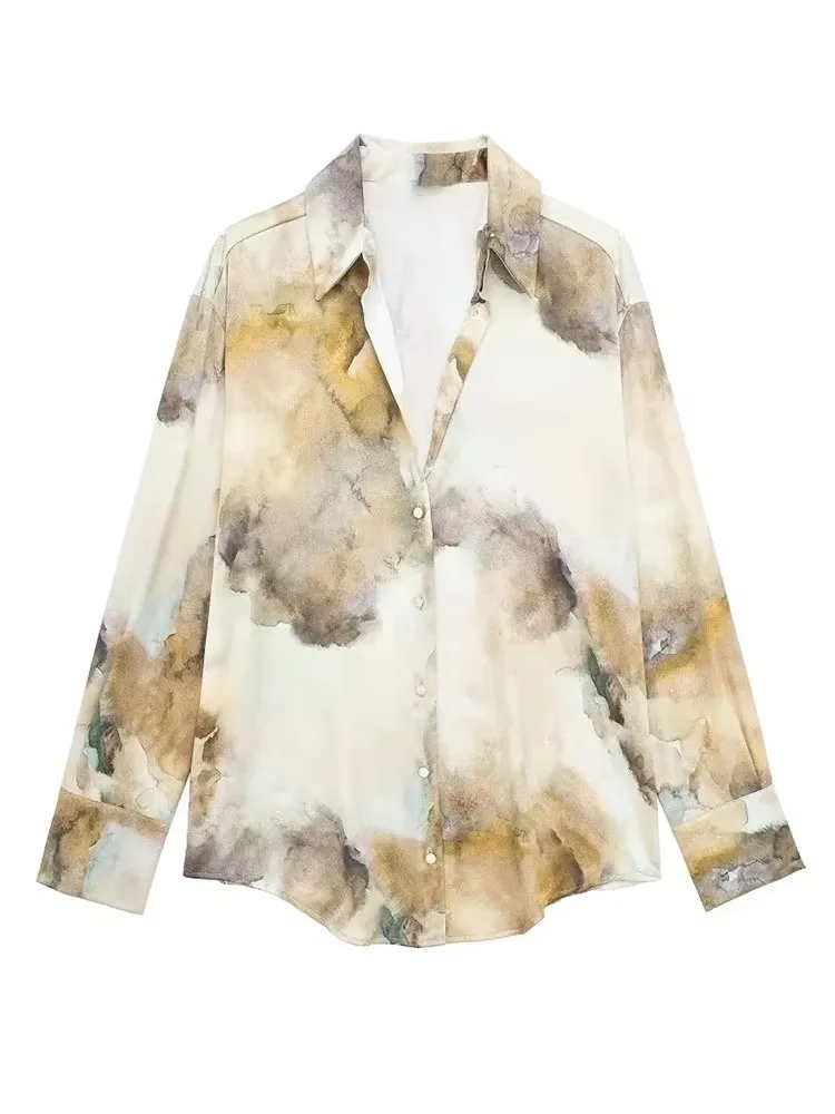 HH 春タイダイ柄プリントブラウス ラペルシングルブレスト長袖シャツ ファッション女性カジュアルストリートウェアシックトップ