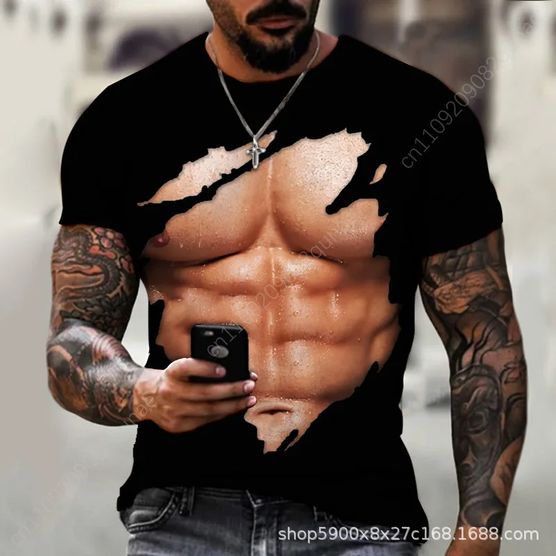 Camiseta con estampado de músculos 3D para hombre: transpirable, cuello redondo, manga corta