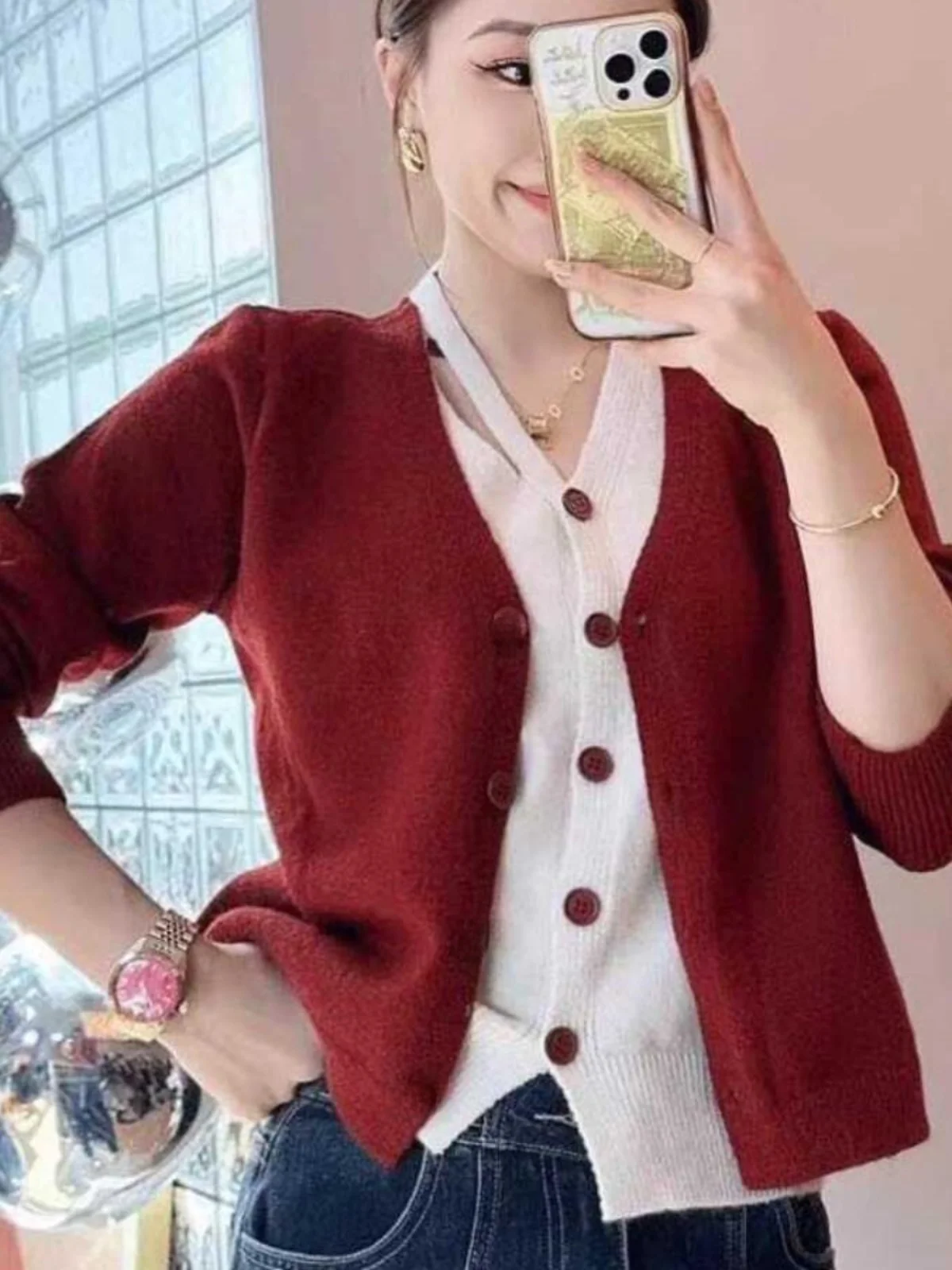 

Faionable V-Ne Knitwear Long Sve Women's Top Trendy Age-Defng Sle Korean Loose Fit Button Detail Autumn New Arrival