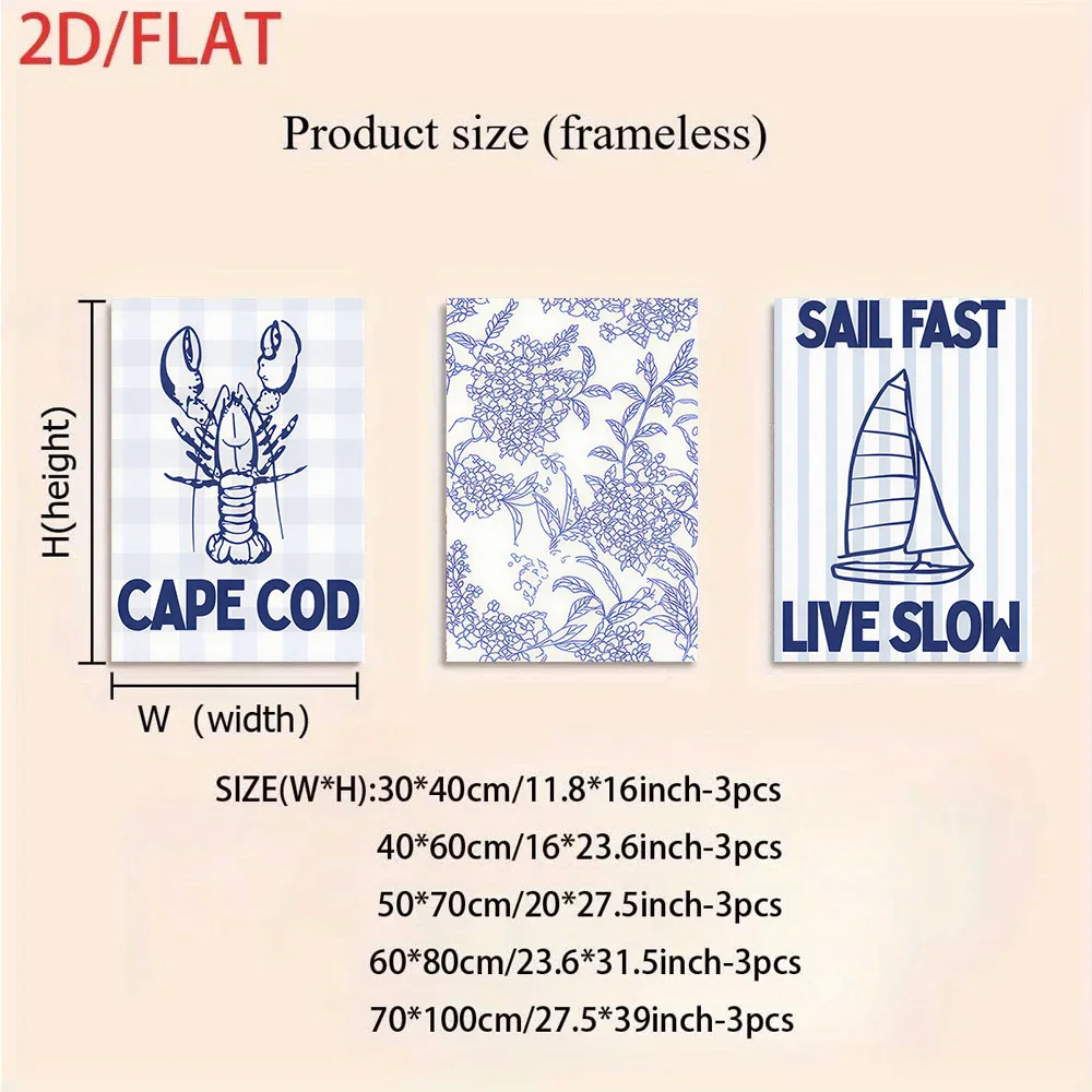 Multiple sizes 3pc frameless Canvas Painting three-panel decorative paintings, blue and white ocean theme, lobster and sailboat