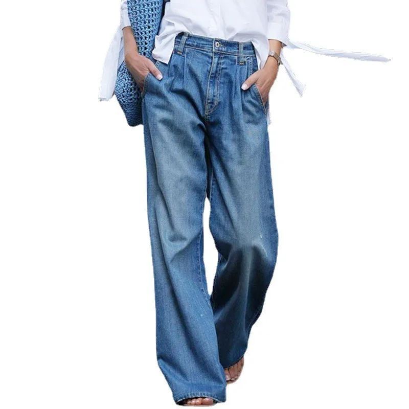 Loose Fit High Waist Jeans Full Length Casual with Button Closure Wrinkle Finish Japanese Korean Casual Summer Women Jeans