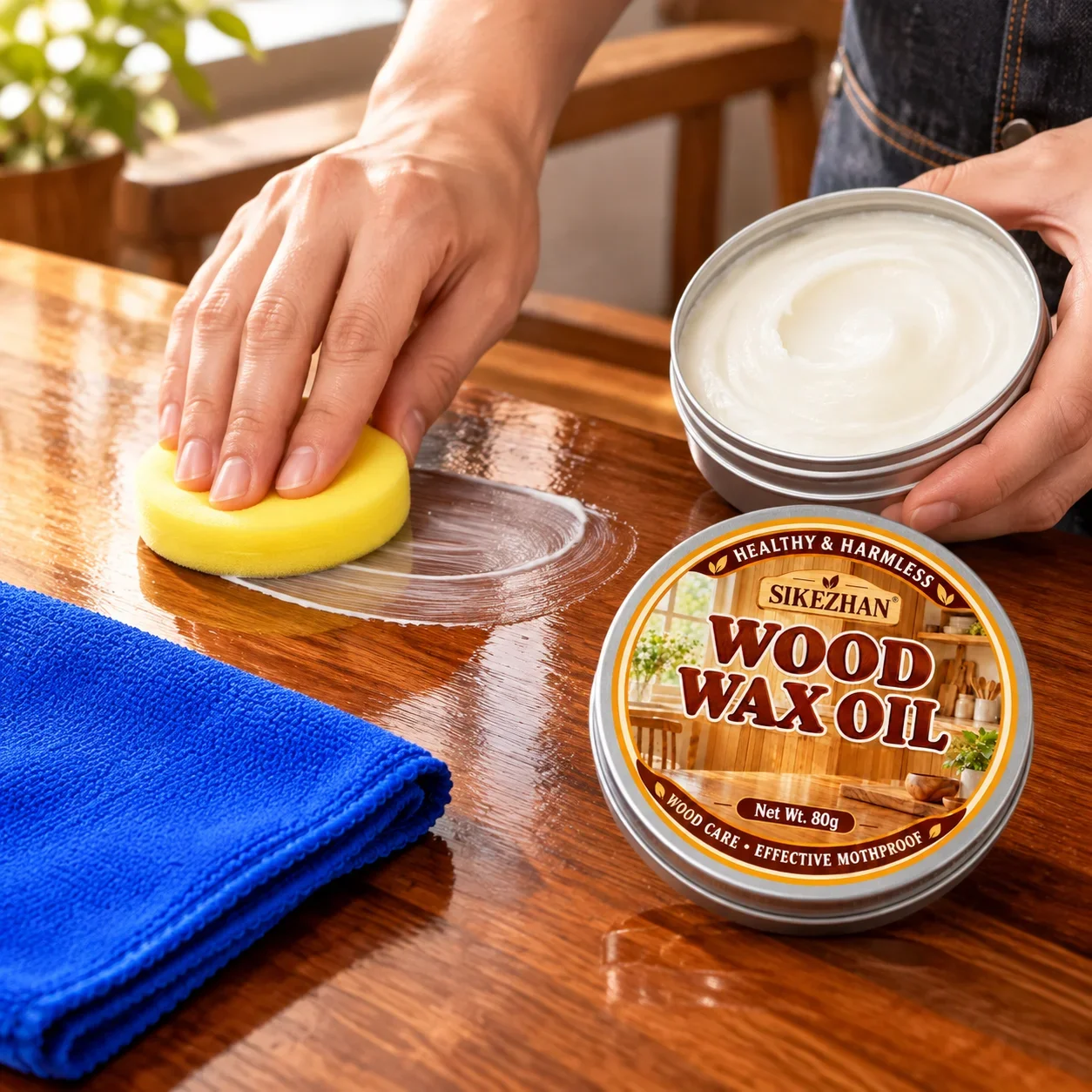 SIKEZHAN 80g Beeswax Wood Polish Wax Oil Set Waterproof Furniture Scratch Repair Restorer Cream with Sponge Cleaning Towel Kit