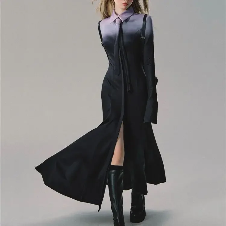

Korean Temperament Preppy Fashion Robe Turn Down Collar Gradient Tie Dye Vestidos Women Y2k Aesthetic Slim Waist Tunic Dresses