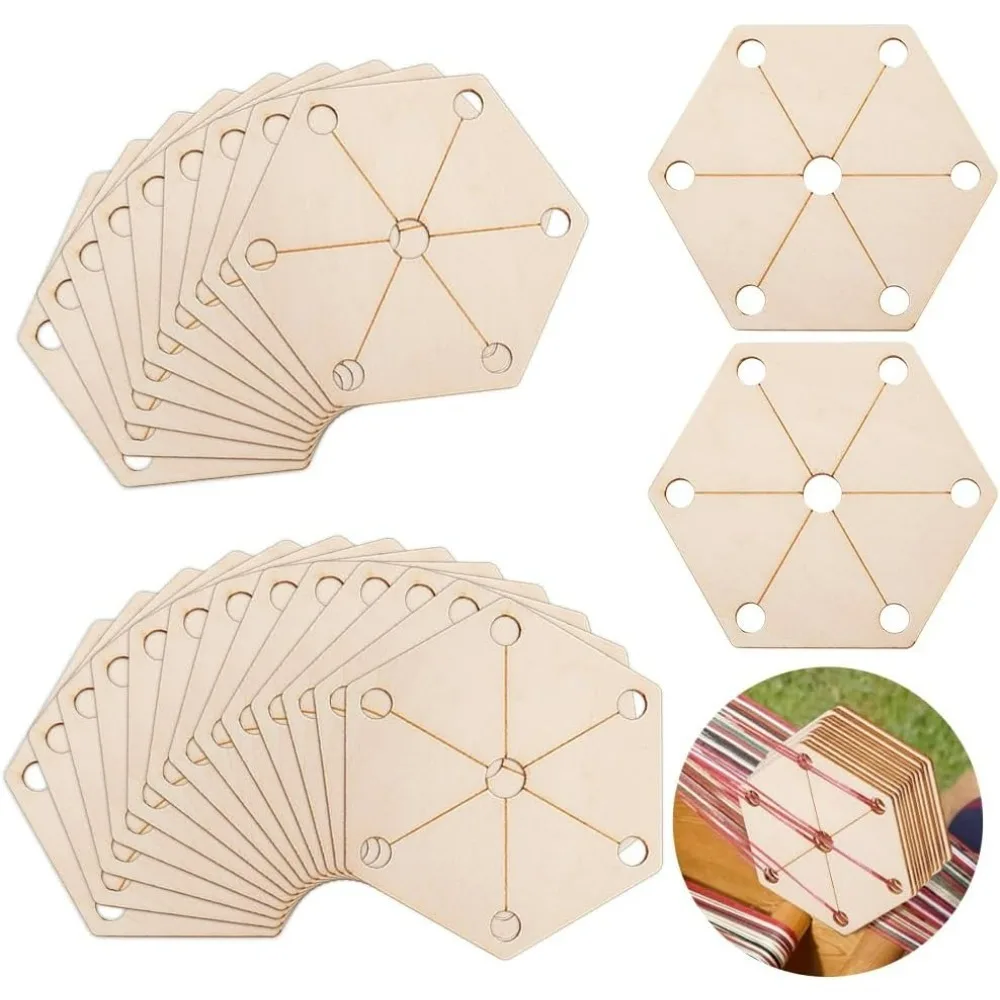 24Pcs Hexagon Weaving Cards 2.6x3 Inch Wood Loom Cards Handmade Tools Supplies Wood Tablet Cards Wood