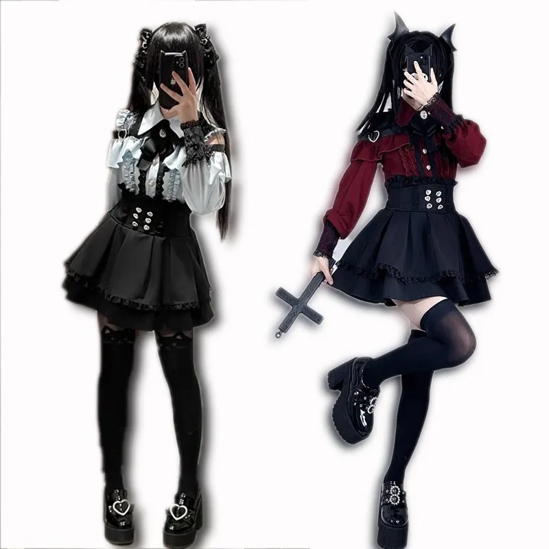 Jirai kei Outfit Lolita Girls Blouse Top Women Long Sleeve Shirt Kawii Bow Black Skirts Shirts Y2K Sweet Japanese Lady Style Set