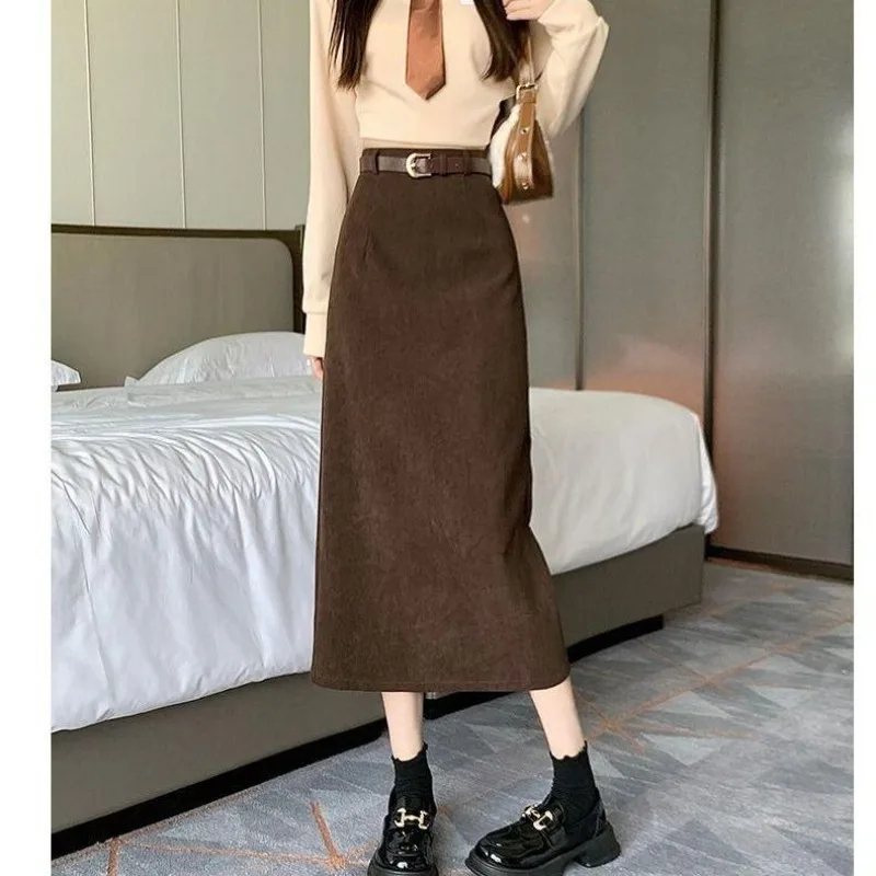 

With Waist Belt mid Long New Corduroy A-Line Skirt With High Waist For Autumn And Winter Slimming Covering The Hips In One Step