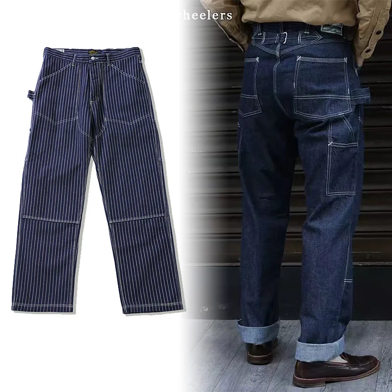 

Amekaji White 100% Cotton Denim Jeans American Vintage Casual WABASH Outdoor Striped Multi-Pocket Denim Cargo Pants OKONKWO