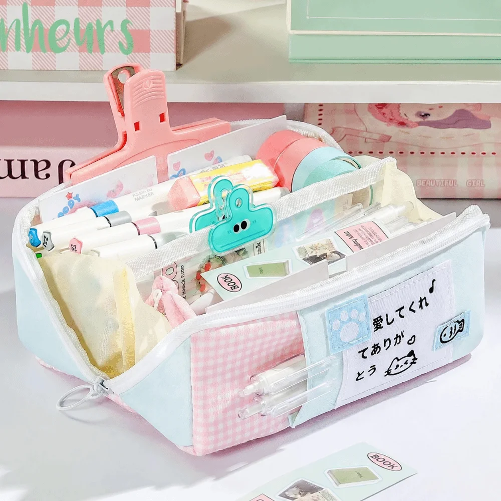 Durable Polka Dot Cat Pencil Case Large Capacity Portable Pen Bag Large Opening Stationery Organizer School Supplies
