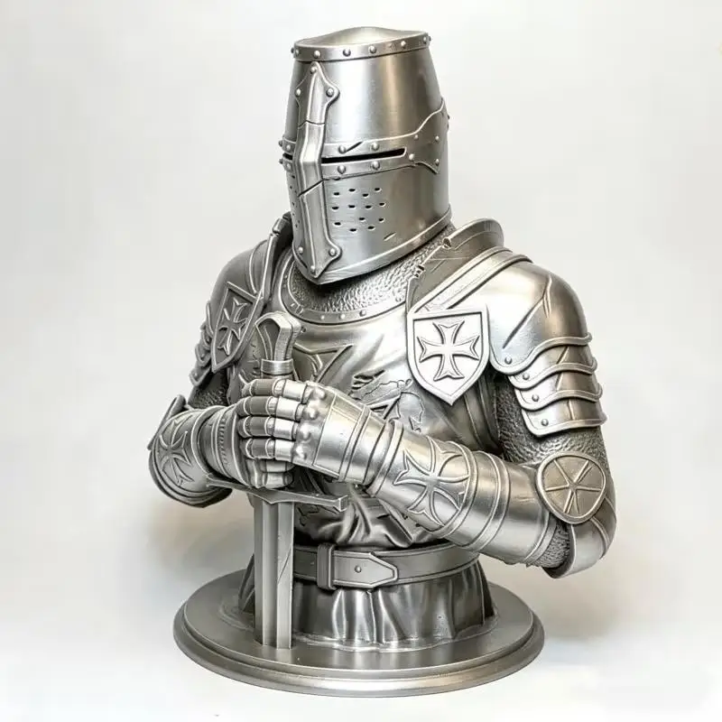3D Printed Silver Templar Knight Bust Statue Gothic Sculpture Historical Ornament for Desktop Home Decor Collectible Gift view 5