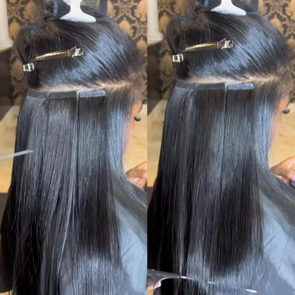 Cinta de extensión de cabello humano 100% adhesiva, color negro natural, 21 piezas, sin costuras, reemplazable, para mujeres 3