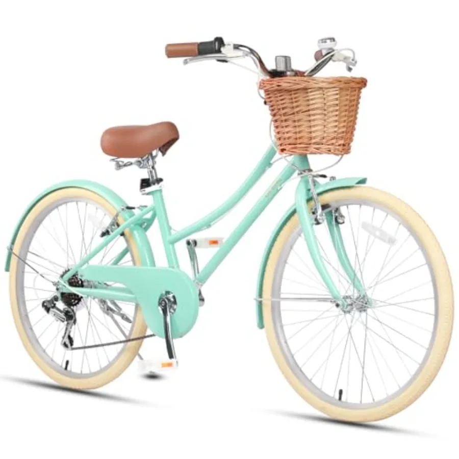 Bicicleta de Paseo de 20, 24 y 26 Pulgadas, Bicicleta Urbana Híbrida de 6 Velocidades para Niñas, Jóvenes y Mayores de 6 Años, con Cesta de Mimbre, Ligera