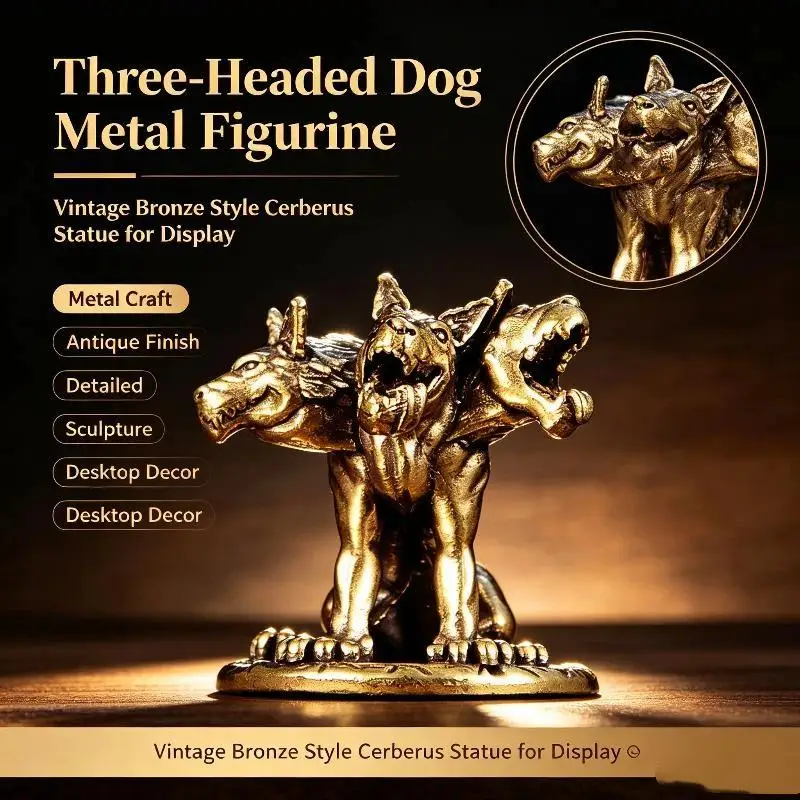 Three Headed Wolf Mini Desktop Statue Fine Polished Brass Small Animal Figurine Collectible Decor for Study Bedroom Office Gift
