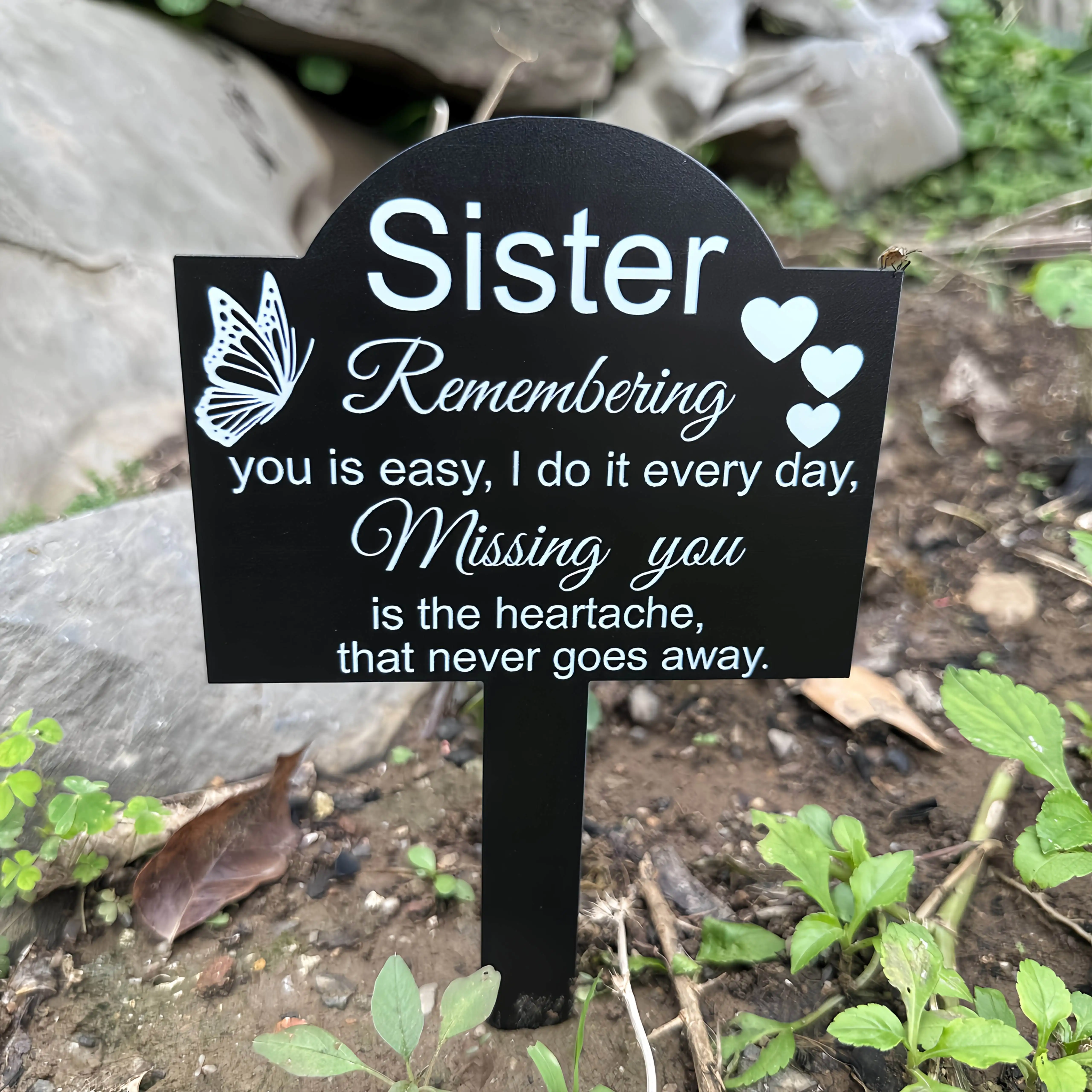 2D Flat  Elegant Sister Memorial Plaque- Metal Tombstone, Black Outdoor Grave Marker for Cemeteries, Gardens, Memorial Parks