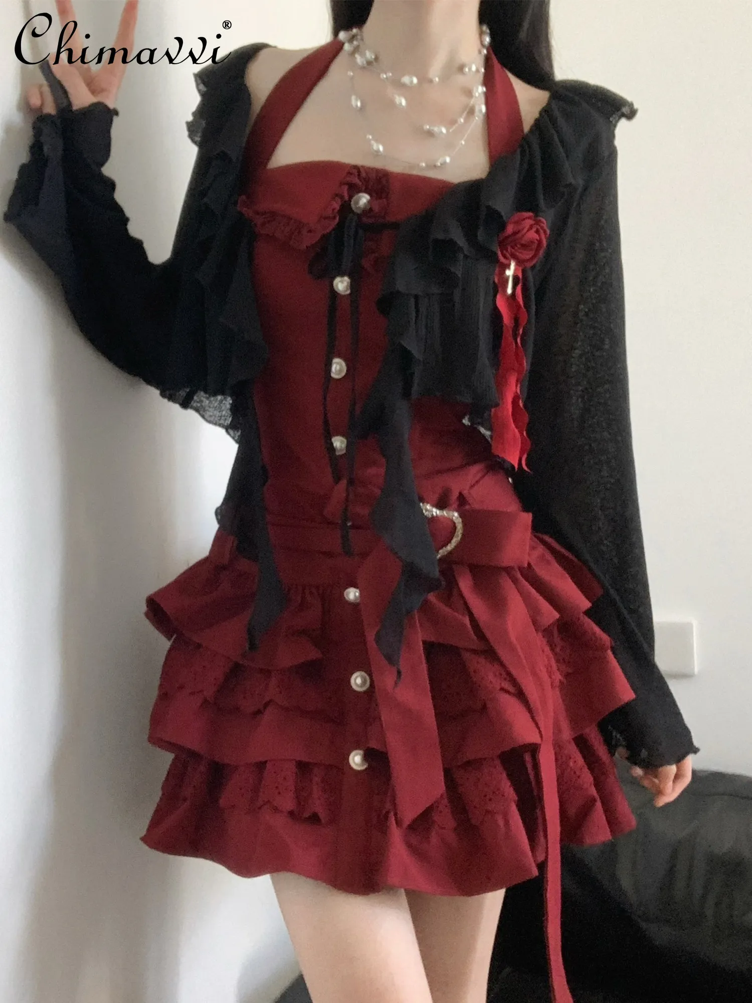 

Japanese Style Fashion Girls Dress Set Spring Summer Knitted Cardigan Cinched Waist Lace Trim Slim-fit Cropped Layered Dress