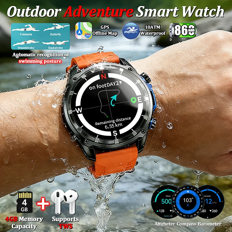

Новые смарт-часы для активного отдыха с офлайн-картами, водонепроницаемые до 100 м, 4 ГБ памяти, Bluetooth-звонки, GPS, для мужчин, 2026