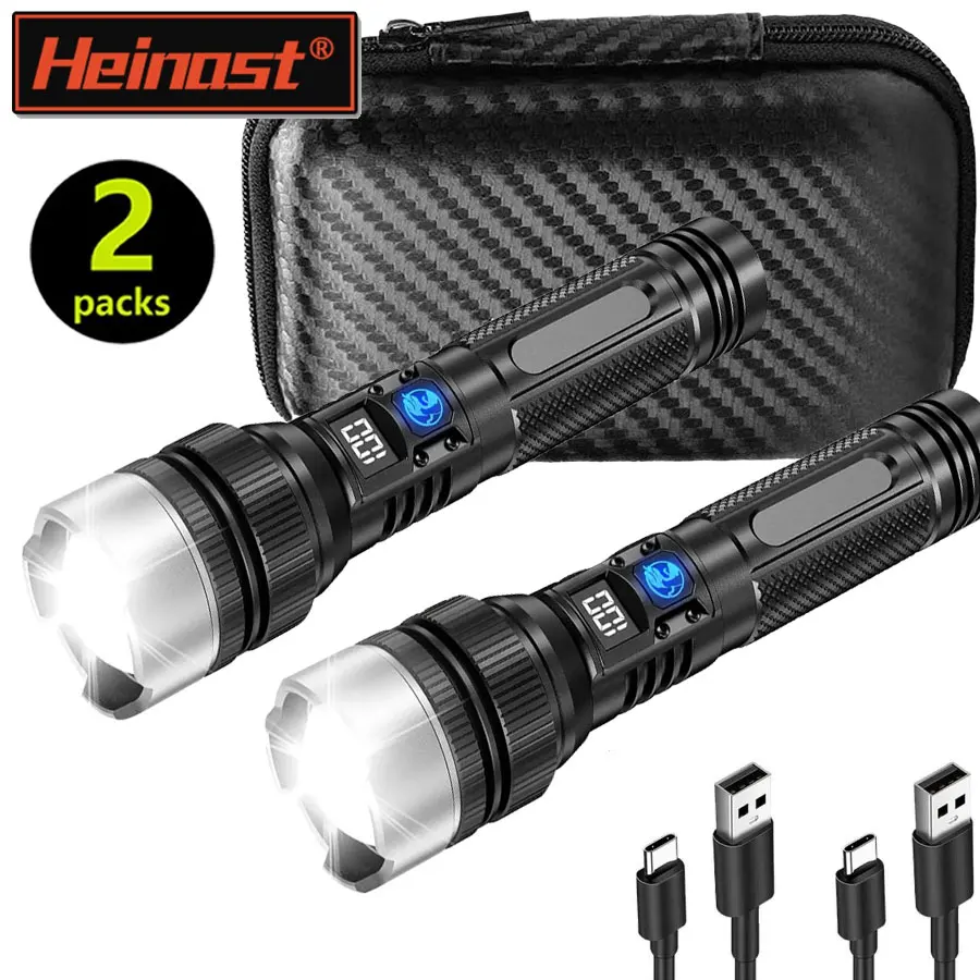 

900000LM Powerful LED Flashlight Zoom Torch with Digital Display Portable Rechargeable Outdoor Flashlights for Camping Hiking