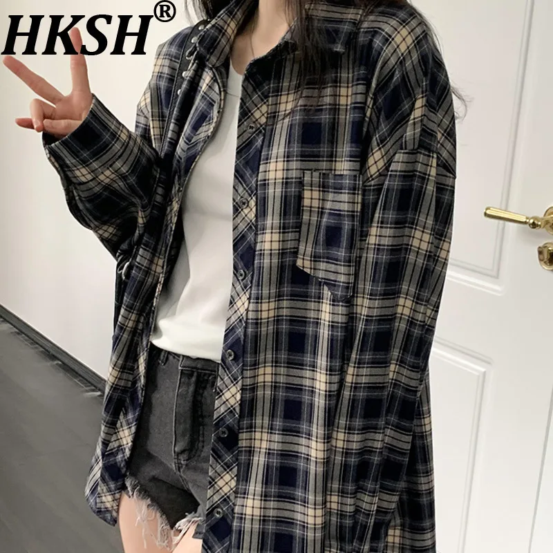 

HKSH весенне-осенняя новая женская рубашка с отложным воротником и длинным рукавом, однобортная клетчатая блузка в американском стиле ретро Y2K, модная блузка HK14039