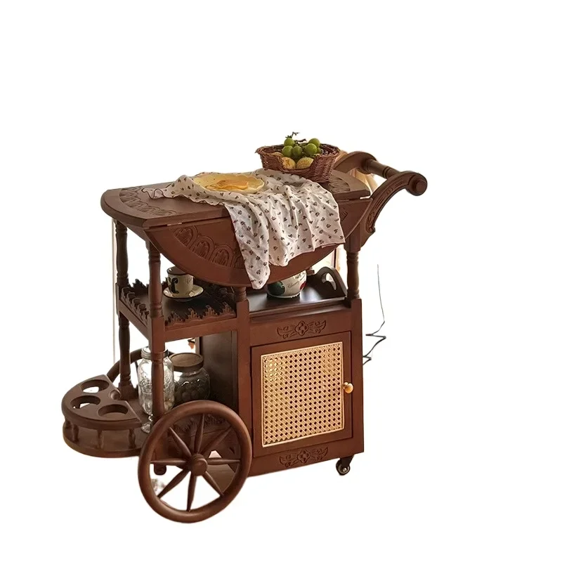 

Журнальный столик из цельного дерева во французском стиле ретро, средний и древний стиль, маленькая квартира, передвижная домашняя тележка, складной небольшой обеденный стол