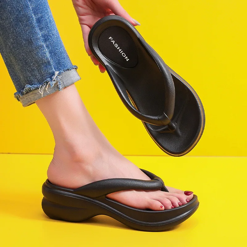 2023 sola grossa cunhas flip flops para mulheres verão clip toe sandálias plataforma mulher não deslizamento chinelos de praia ao ar livre slides