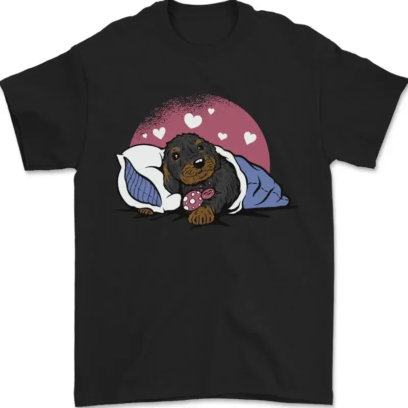 

Cute Sleeping Dachshund Puppy Graphic Tee Soft Cotton Casual Round Neck T-Shirt for Men