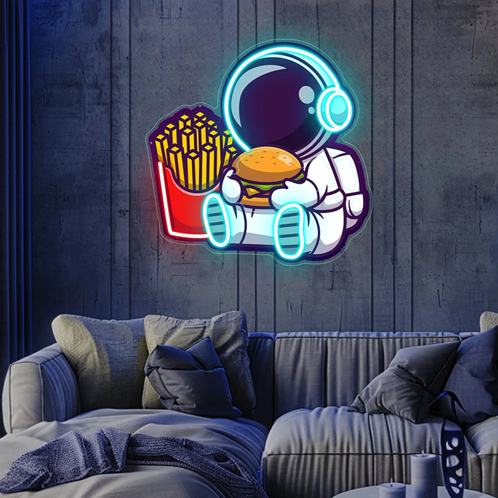 Cute Astronaut Eat Burger With French Fries Led Neon Sign Fast Food Shop Restaurant Wall Hangings Neon Custom Business Neon Sign