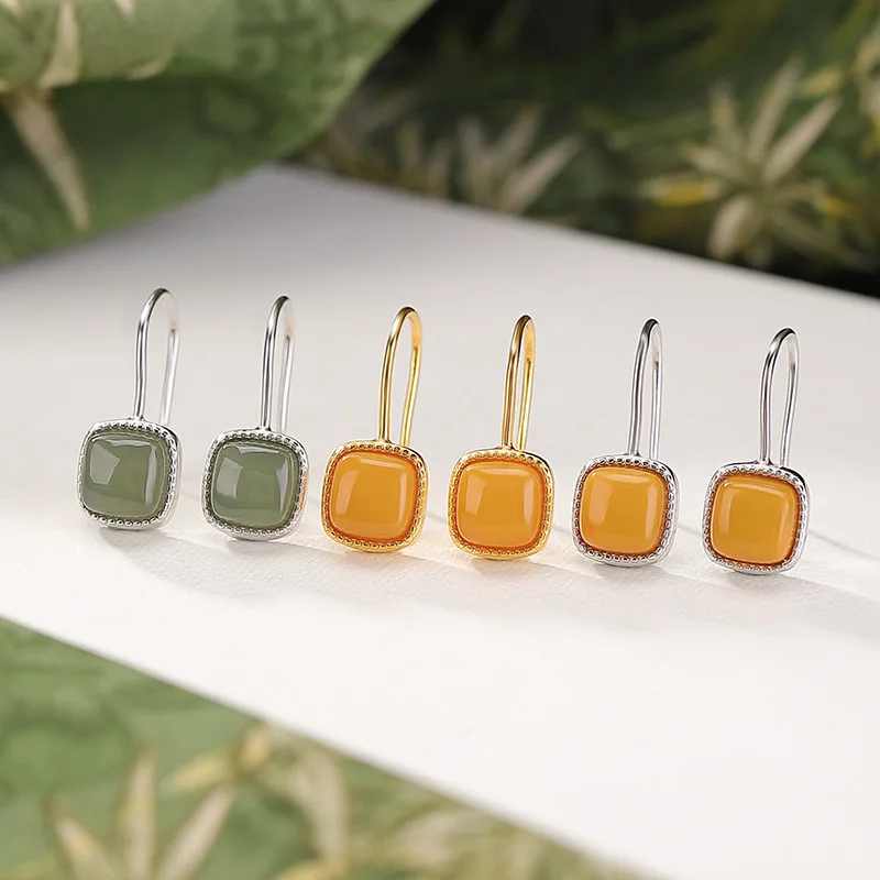 

S925 Sterling Jade Amber Geometric Square Fu Character Silver Ear Hook Earrings Jewelry