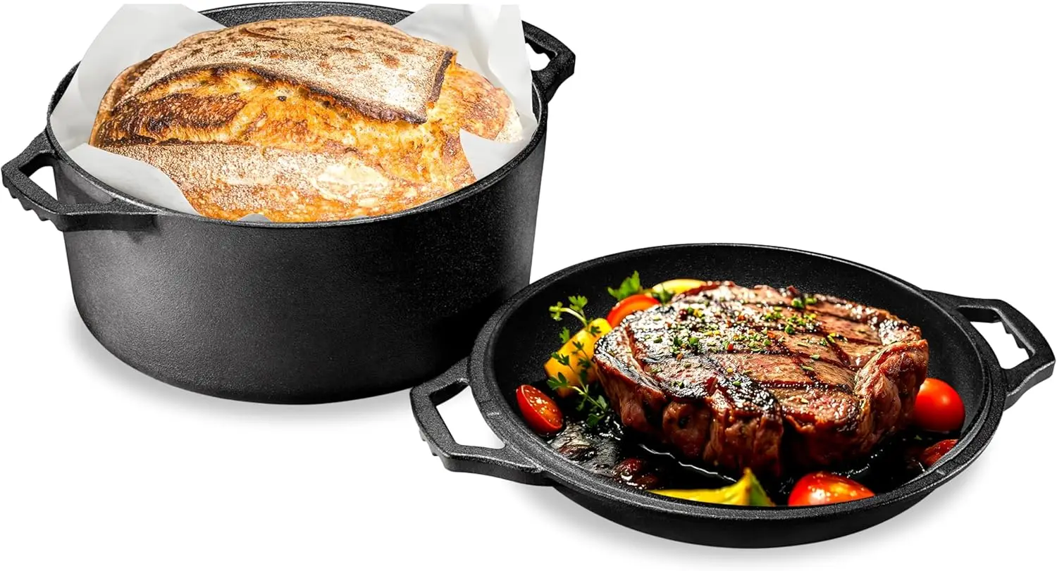 

Cast Iron Multi Cooker - Pre-Seasoned Non-Stick Double Dutch Oven Stovetop Casserole Cookware Braising Pot and Skillet Lid with
