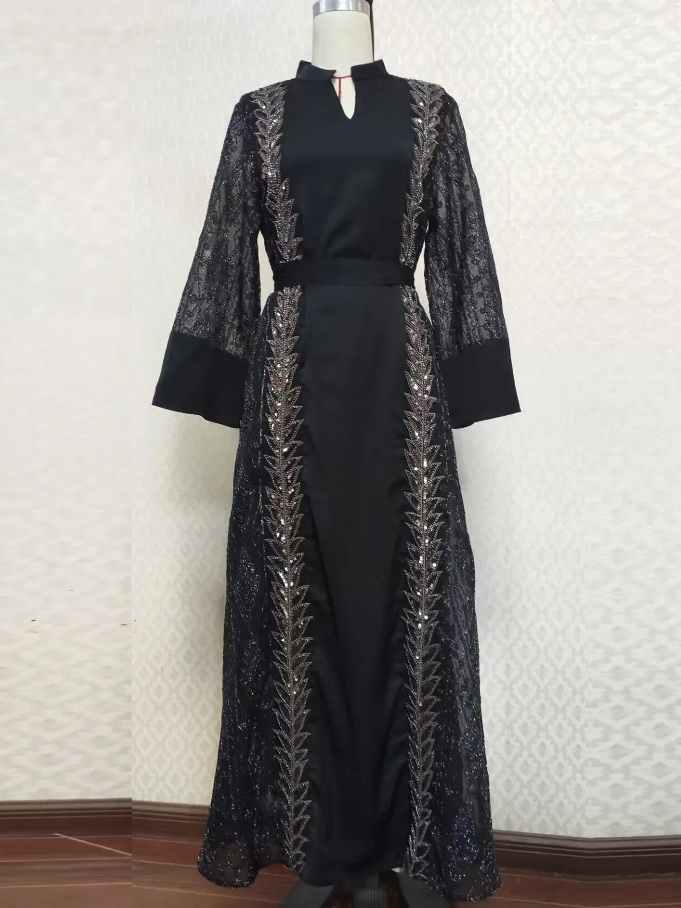 Dubai Arab Muslim Party Dress for Women Abaya Lace-up Embroidery Stand Collar Elegant Robe Longue Jalabiya Vestidos Mujer 2023