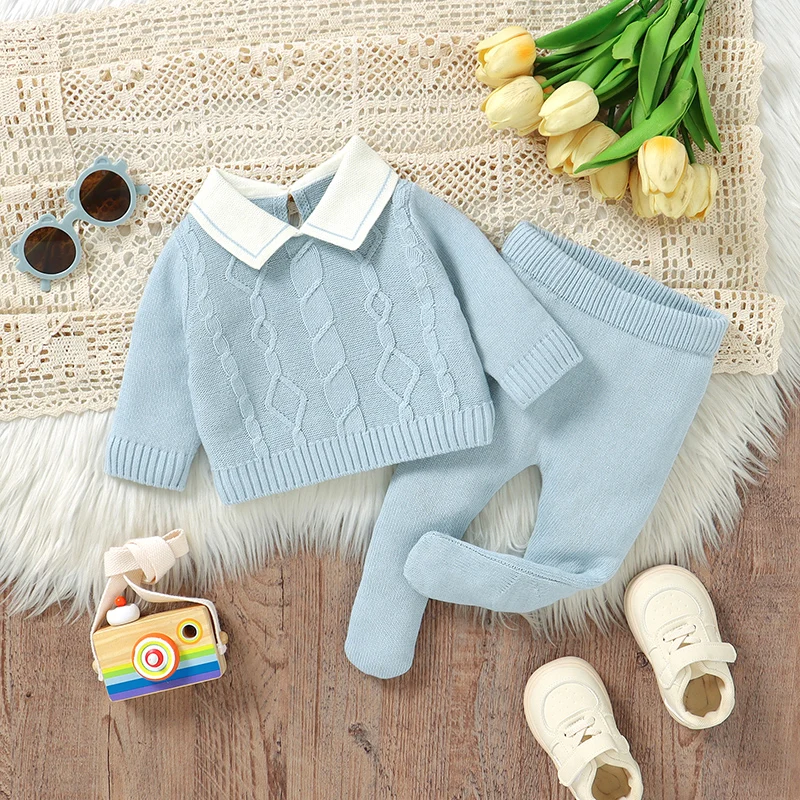 

Комплекты одежды для новорожденных, хлопковый вязаный свитер для маленьких мальчиков, штаны с длинными рукавами, детский пуловер, брюки, модные однотонные брюки, От 0 до 9 месяцев