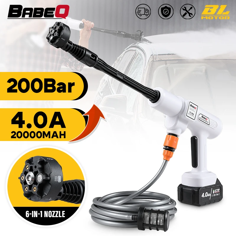 babeq 200bar pistola de lavagem eletrica o em sem fio lavadora de carro pistola de agua limpeza ferramentas de jardim para makita 18v bateria de alta pressa 01