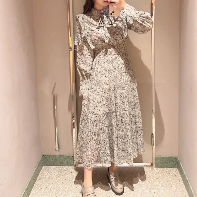 

Neploe Long Sleeve Pleated Slim Dresses 2024 Japanese Vestidos De Mujer Elegant Stand Neck Bandage Flower Print Robe Femme