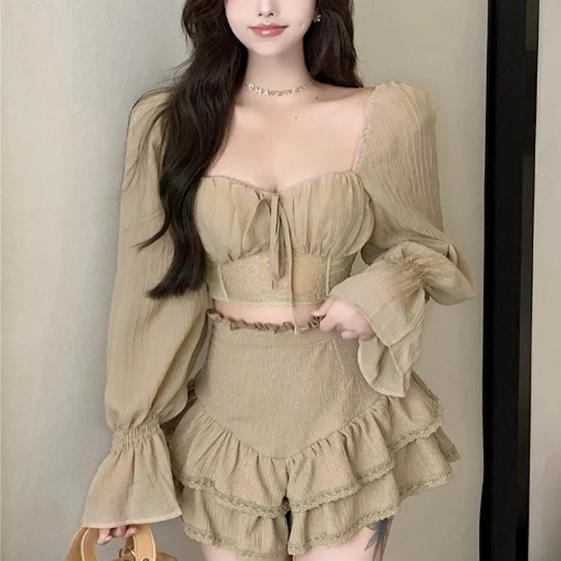 Tops cortos coreanos de manga larga para mujer, blusa transparente con lazo de retazos de Color sólido, camisas informales de estilo dulce