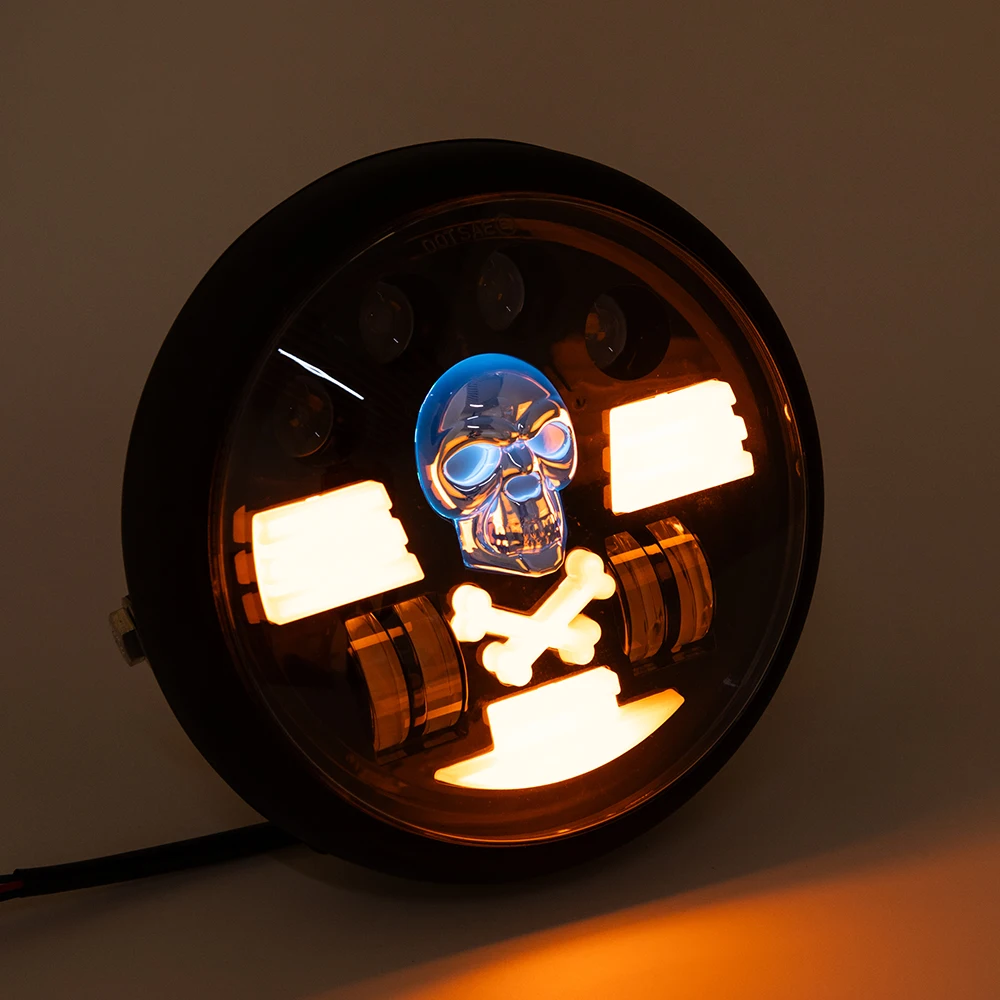 

Universal Halloween Skull Design Motorcycle Headlight Headlamp For Harley Yamha Honda Led High Low Beam Round Moto Headlamp