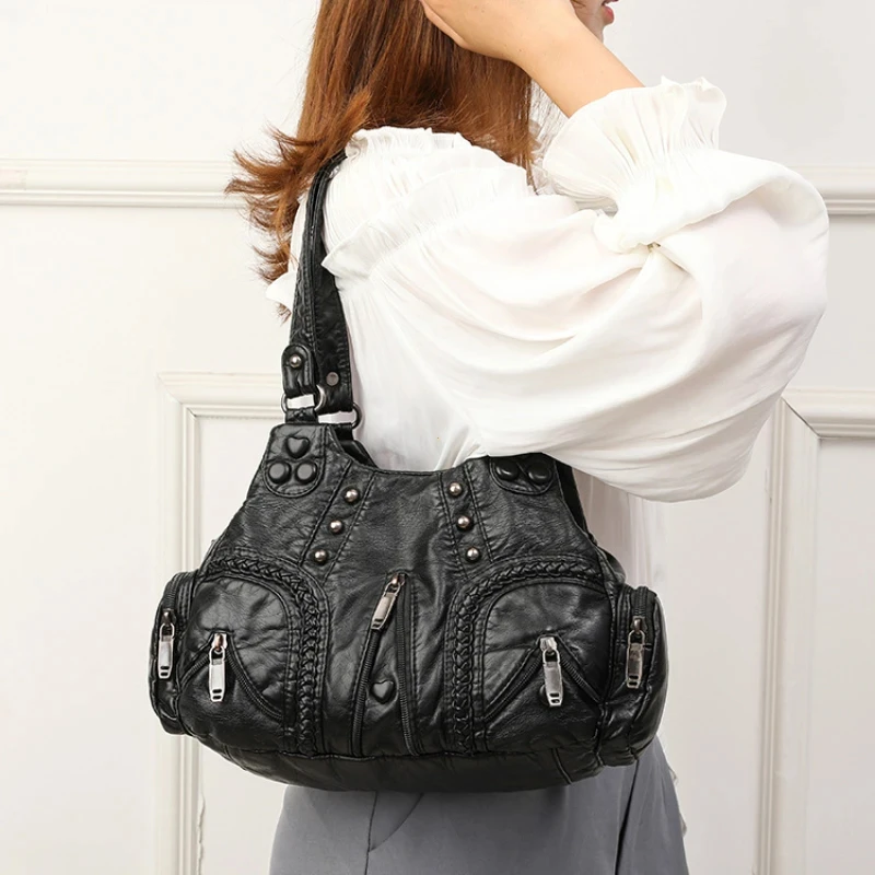 

Black Y2k Women's Shoulder Bag Gothic Fashion Designer Pu Leather Handbag Large Capacity Motorcycle Handbag