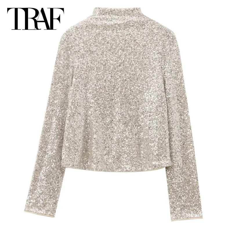 TRAF 2024 Women\'s Blouse Autumn Shirts & Blouses Sequined Long Sleeve Top O-Neck Glitter Shirt Pretty And Elegant Women\'s Blouse