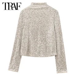 TRAF 2024 Women's Blouse Autumn Shirts & Blouses Sequined Long Sleeve Top O-Neck Glitter Shirt Pretty And Elegant Women's Blouse