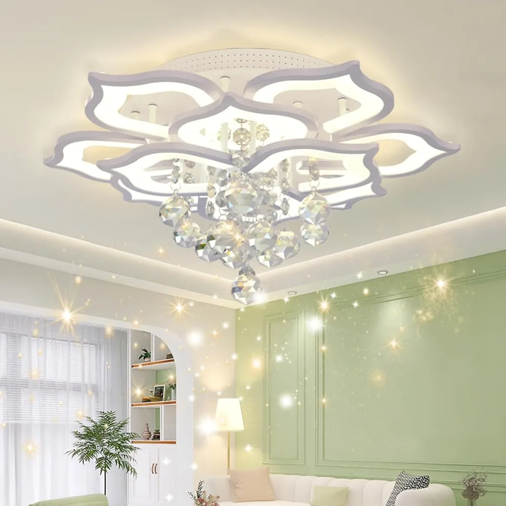 Modern ceiling lights, crystal flat mounted LED chandeliers ceiling lights with remote control living room, bedroom, hall