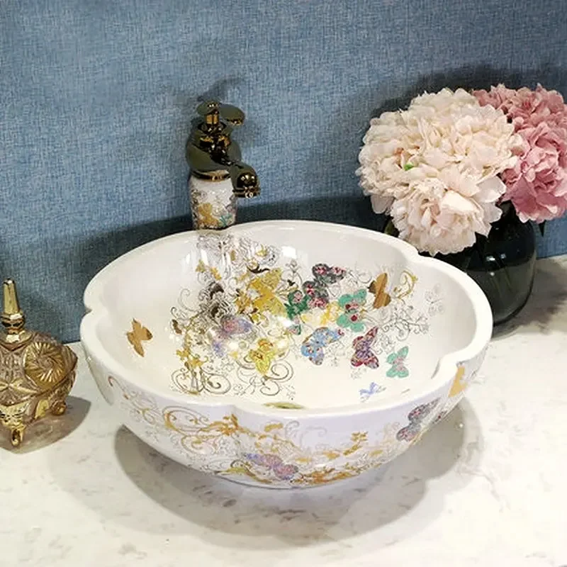 

Художественная керамическая раковина с Цветочным Рисунком бабочки, столешница, раковина для сада, раковина для ванной