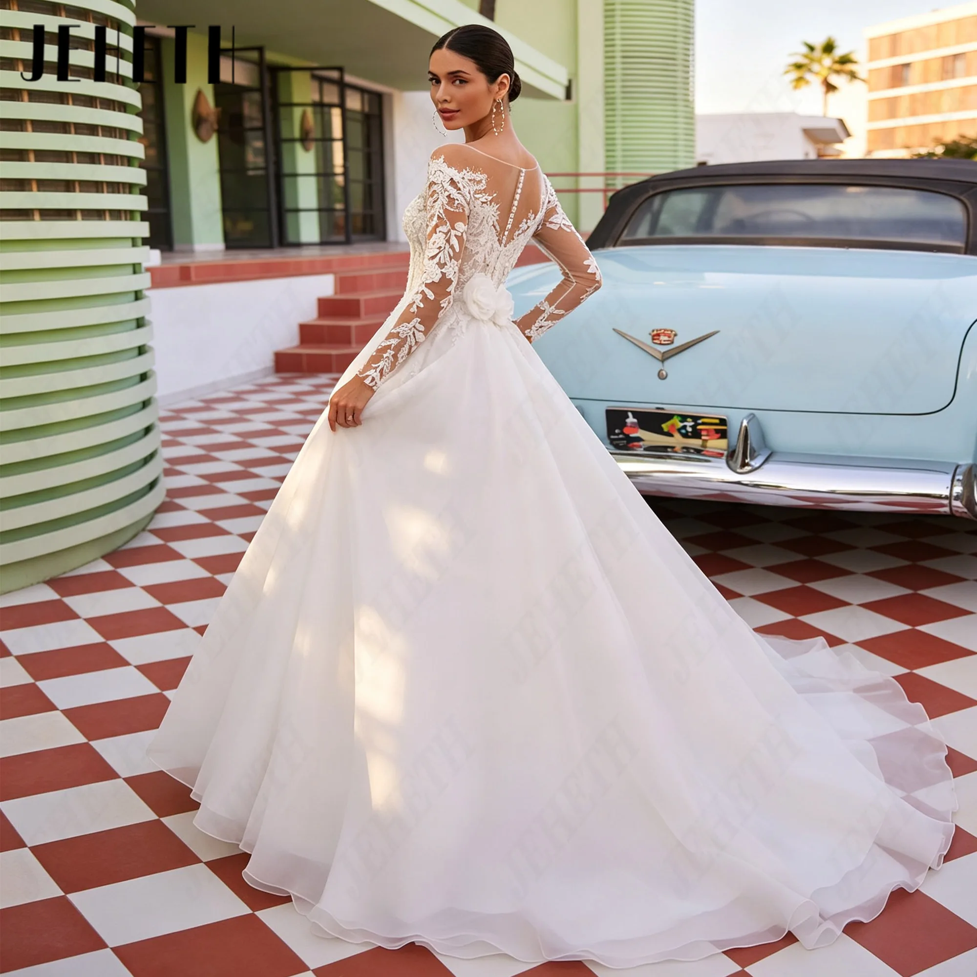 JEHETH Organza Classic Scoop Neck Wedding Dresses Lace Appliques A-Line Button Bridal Gown Long Sleeves Customised Bride Gowns